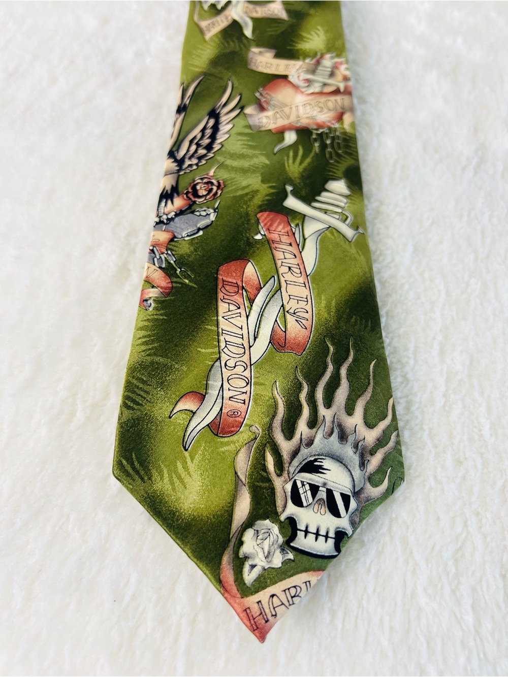 Harley-Davidson Olive Green Skull & Banner Silk Tie